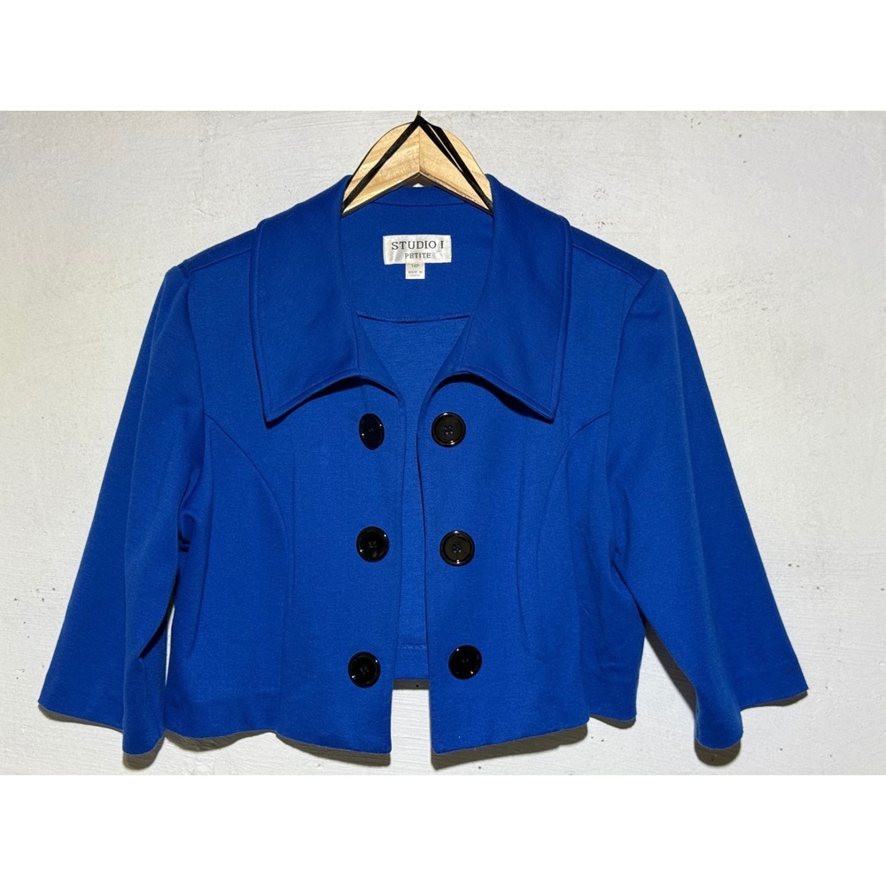 Studio I Womens 14P Cropped Blazer Jacket Size 14P Cobalt Blue Polyester Spandex